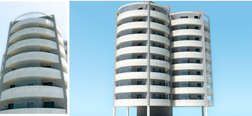 Proyecto edificacion torre de 24 viviendas, ubicado en Argelia. Formada por tres volumenes cilindricos y con superficies de viviendas comprendidas entre los 80 y 100 m2 construidos y amplias terrazas. Fachada de ladrillo caravista y mortero monocapa blanco.