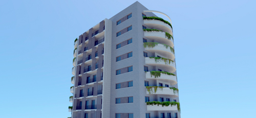 Render Edificio de viviendas con amplias zonas aterrazadas con jardineras de plantas colgantes 