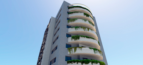 Render de edificio de viviendas con terrazas con jardineras de plantas colgantes y acabados de piedra natural y endoscado blanco