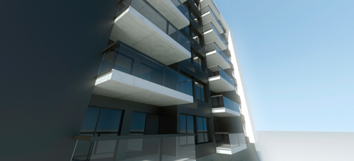 infografia de edificio de viviendas con materiales de enfoscado de cemento blanco aluinio lacado en negro perforado y hormigón visto