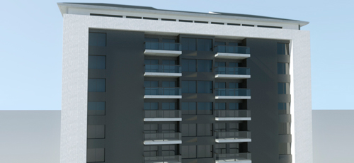 infografía de edificio de viviendas con materiales de enfoscado de cemento blanco y chapa de aluminio perforado