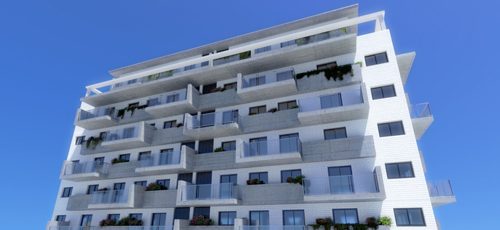 Infografía de viviendas con ático en ultimas plantas con cubierta a cuatro aguas y acabados de ladrillo caravista blanco balcones de hormigón visto y barandillas de vidrio 